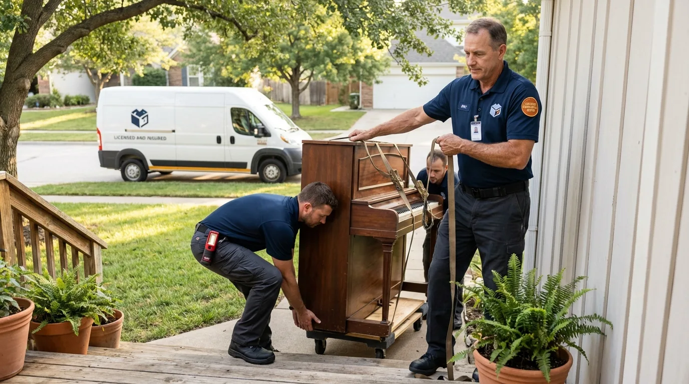 Licensed piano movers securing grand piano in Anna, OH